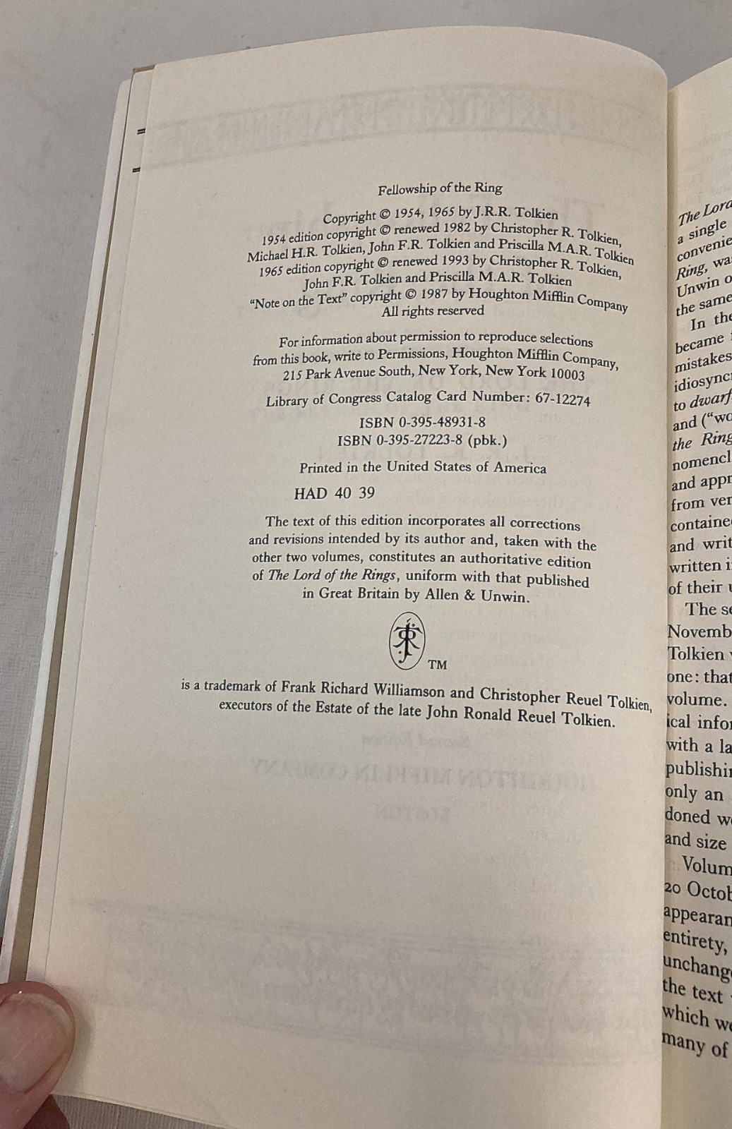 Tolkien’s LOTR 3 vol 1993 Houghton Mifflin Edition Later Prints HC/DJ EX-LIB GC