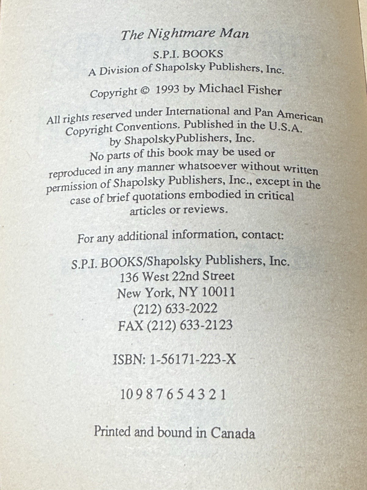 The Nightmare Man Michael Fisher SPI Publishing Mystery 1993 1st VTG HTF Book PB
