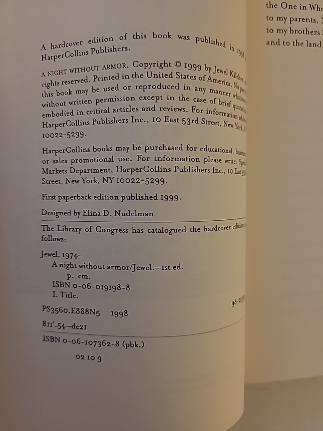 A Night Without Armor by Jewel 1999 Trade Paperback 140 Pages