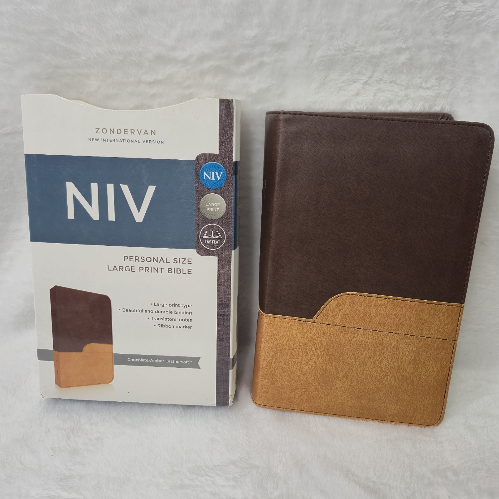 Zondervan NIV Bible Large Print DuoTone Chocolate Amber Leathersoft Lay Flat NEW