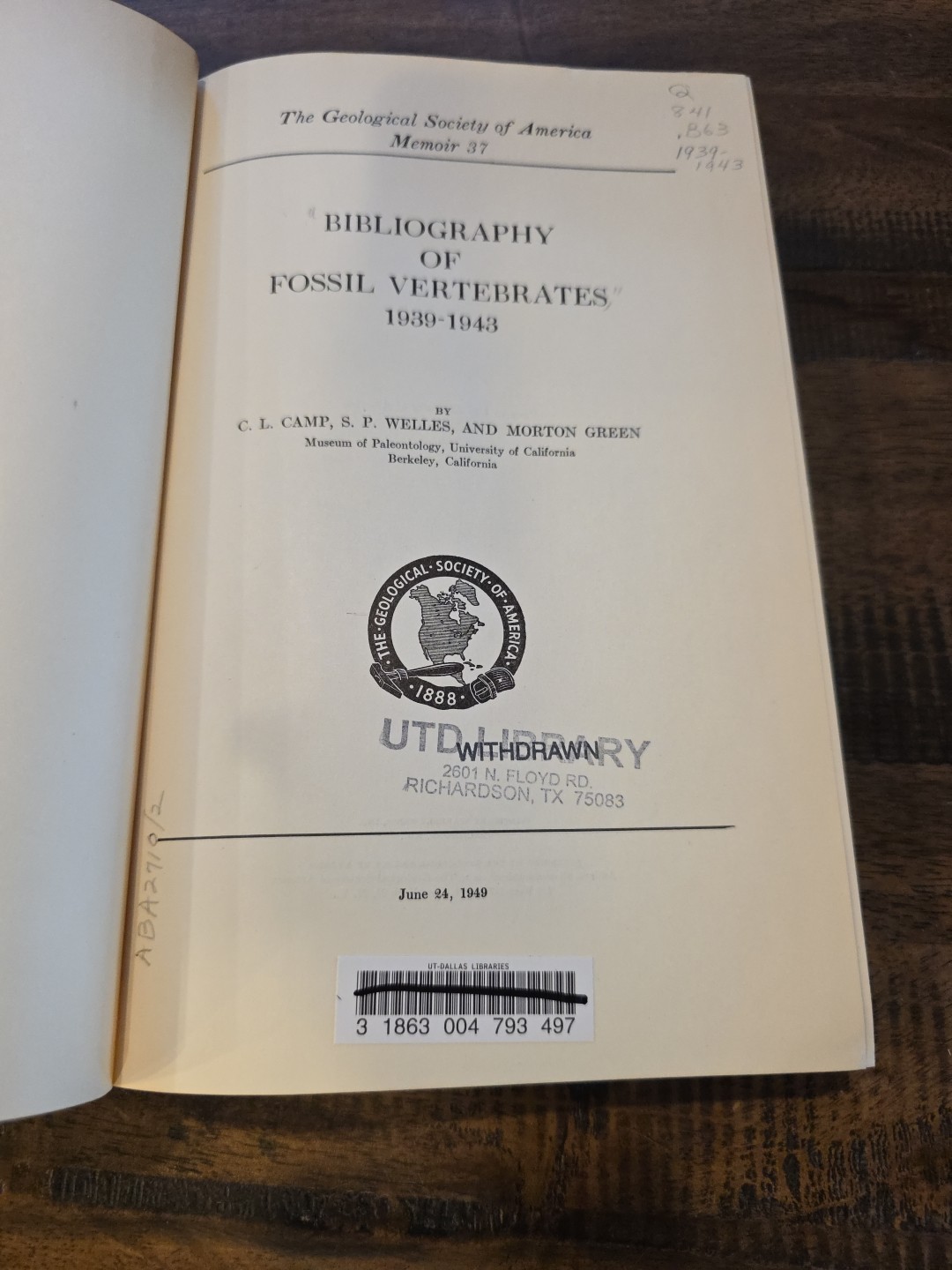 Set: Bibliography of Fossil Vertebrates 1939-1972 Geological Society of America