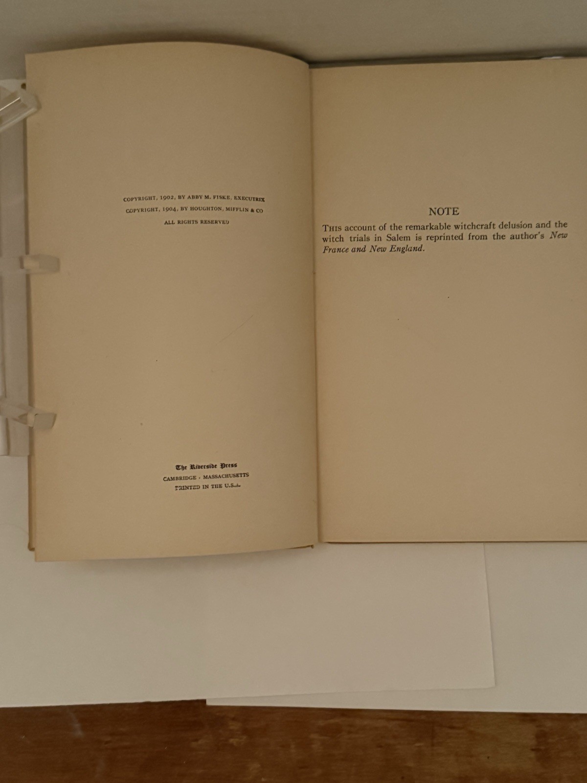 WITCHCRAFT IN SALEM VILLAGE By John Fiske – 1904 Second Edition