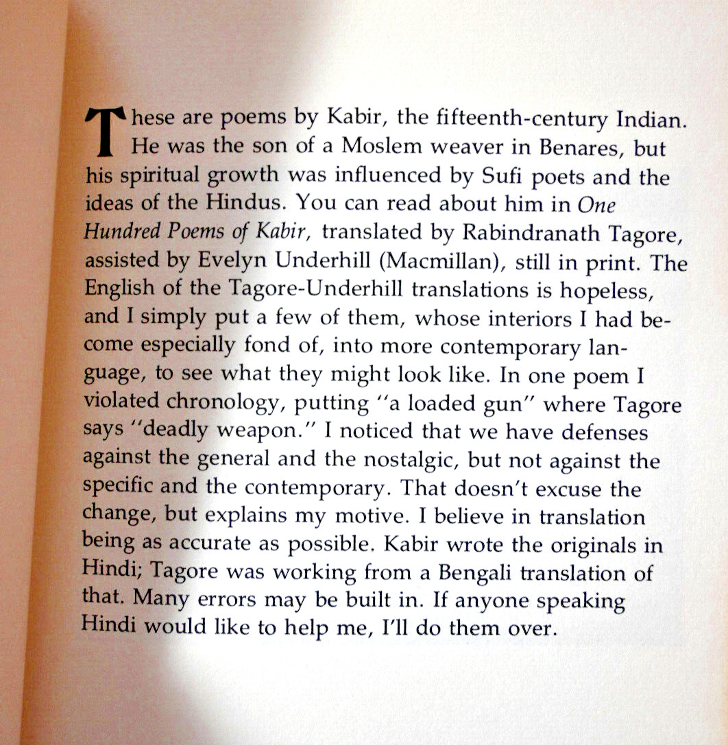 Kabir Book by Kabir, Versions by Robert Bly – 1993 – First Edition