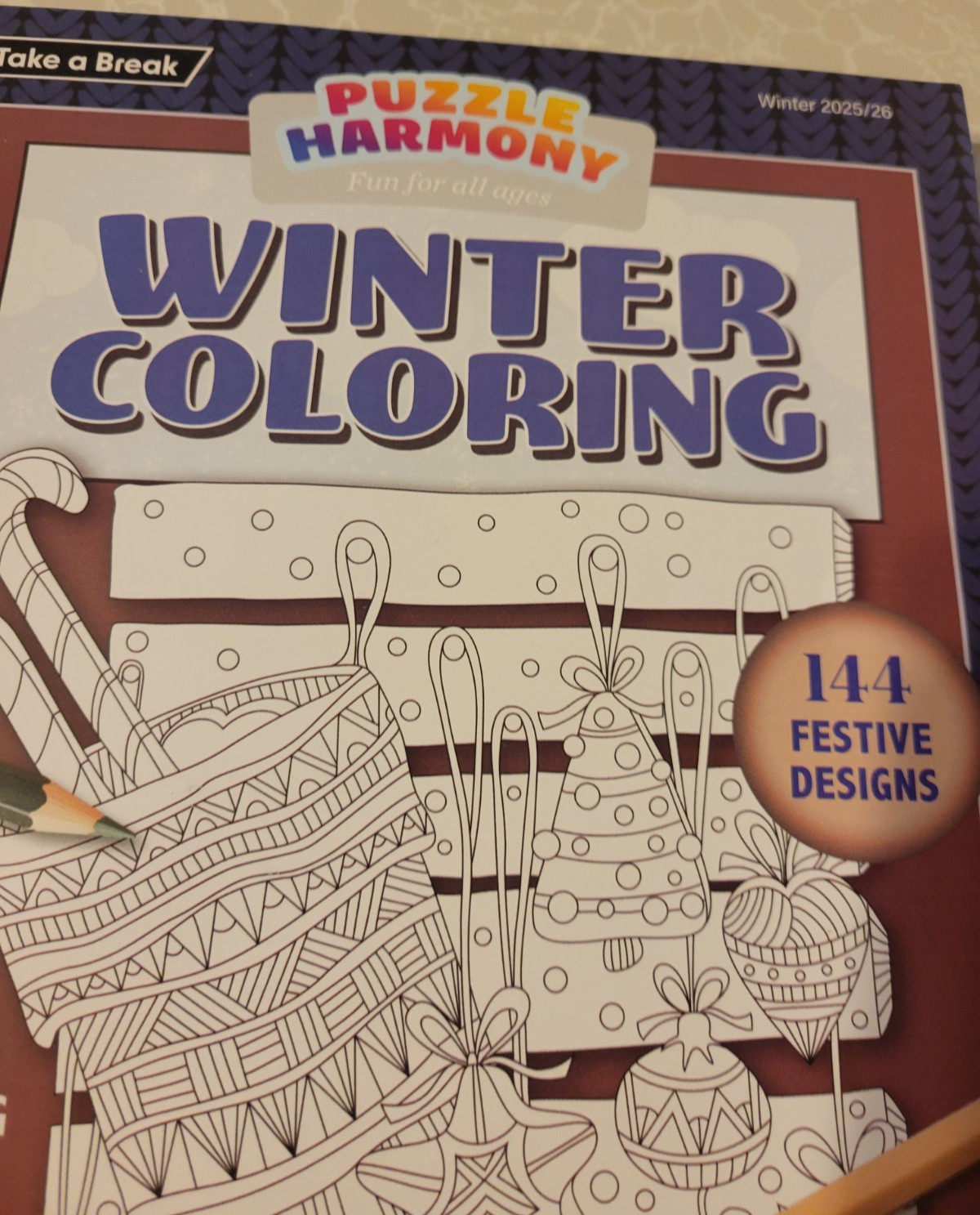 Take-A-Break WINTER COLORING by Puzzle Harmony-144 Festive Designs Calming Color