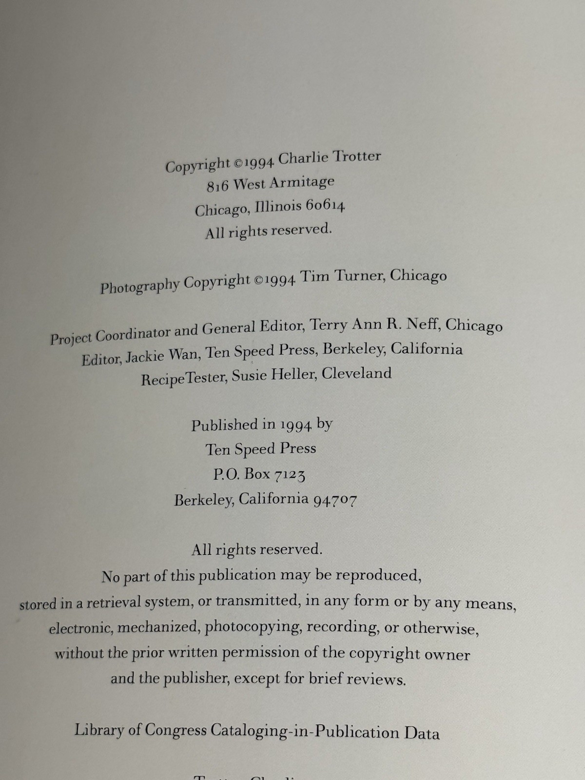 Vintage 1994 Charlie Trotter’s Cookbook Chicago Hardcover Ten Speed Press
