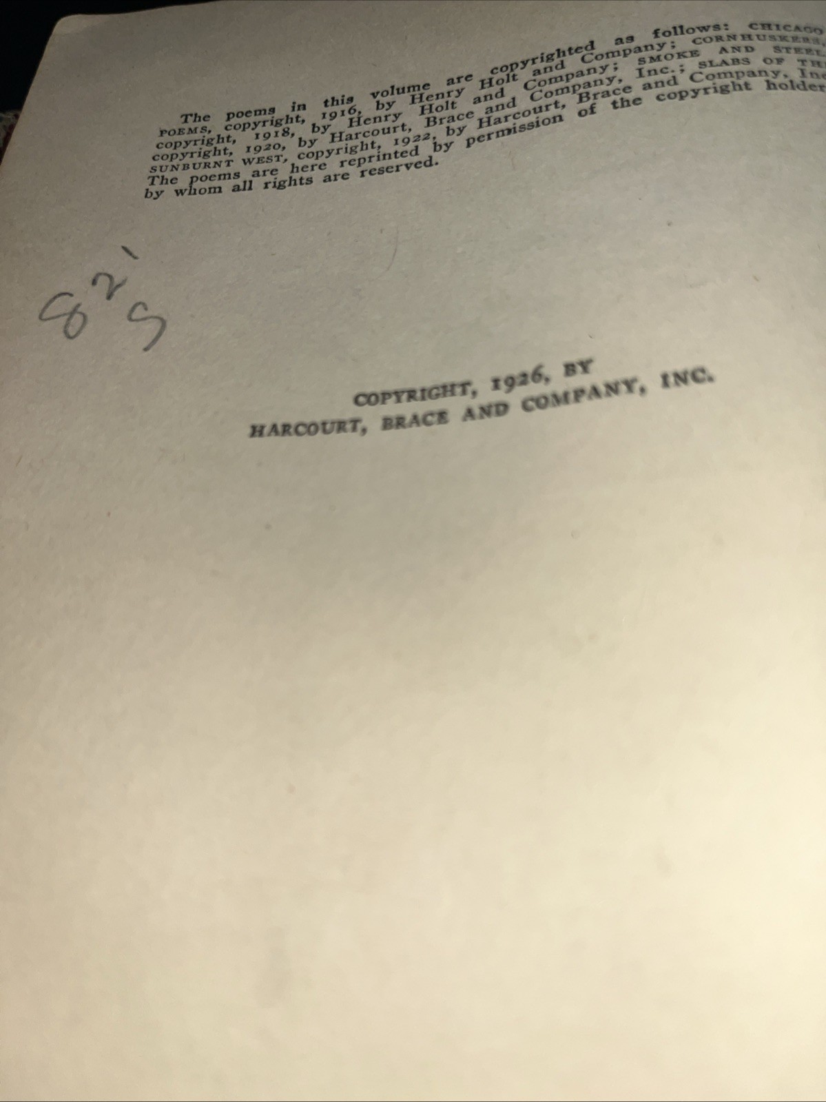 Sandburg Selected Poems (Carl Sandburg; Harcourt, Brace and Co, 1926), HB