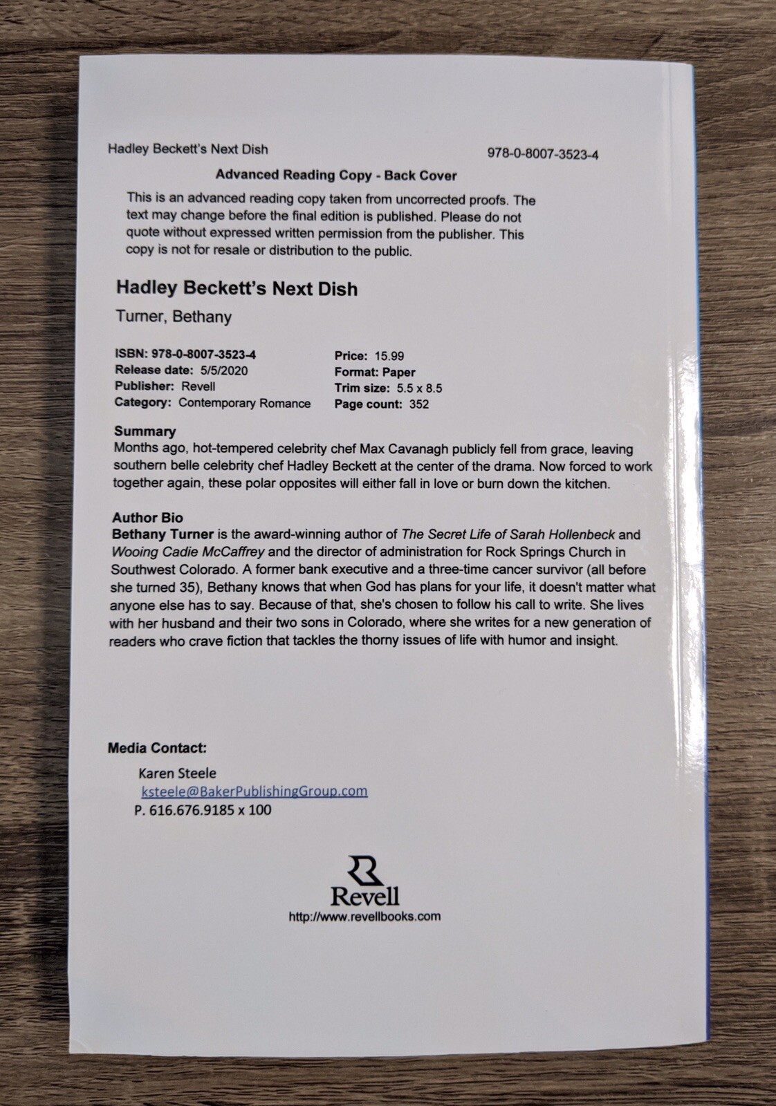HADLEY BECKETT’s NEXT DISH: A Novel by Bethany Turner (ARC, Cooking, Paperback)