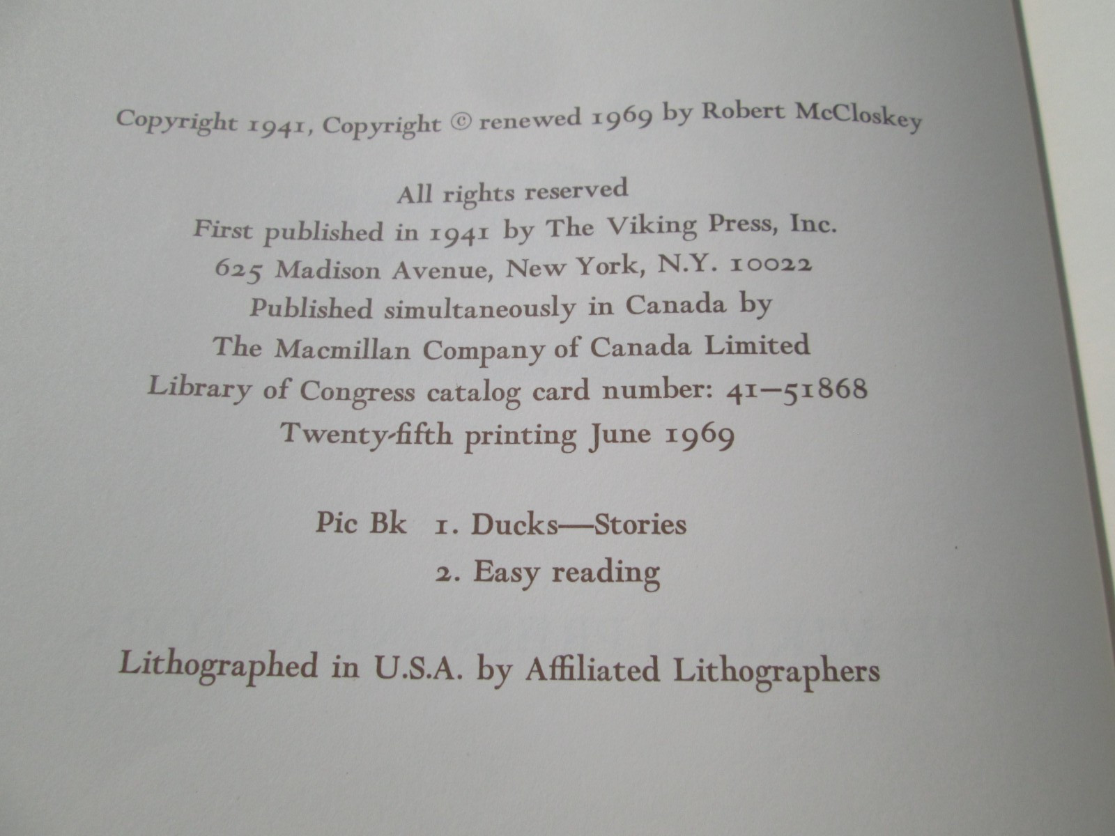 Make Way For Ducklings by Robert McCloskey The Viking Press 1969 HC
