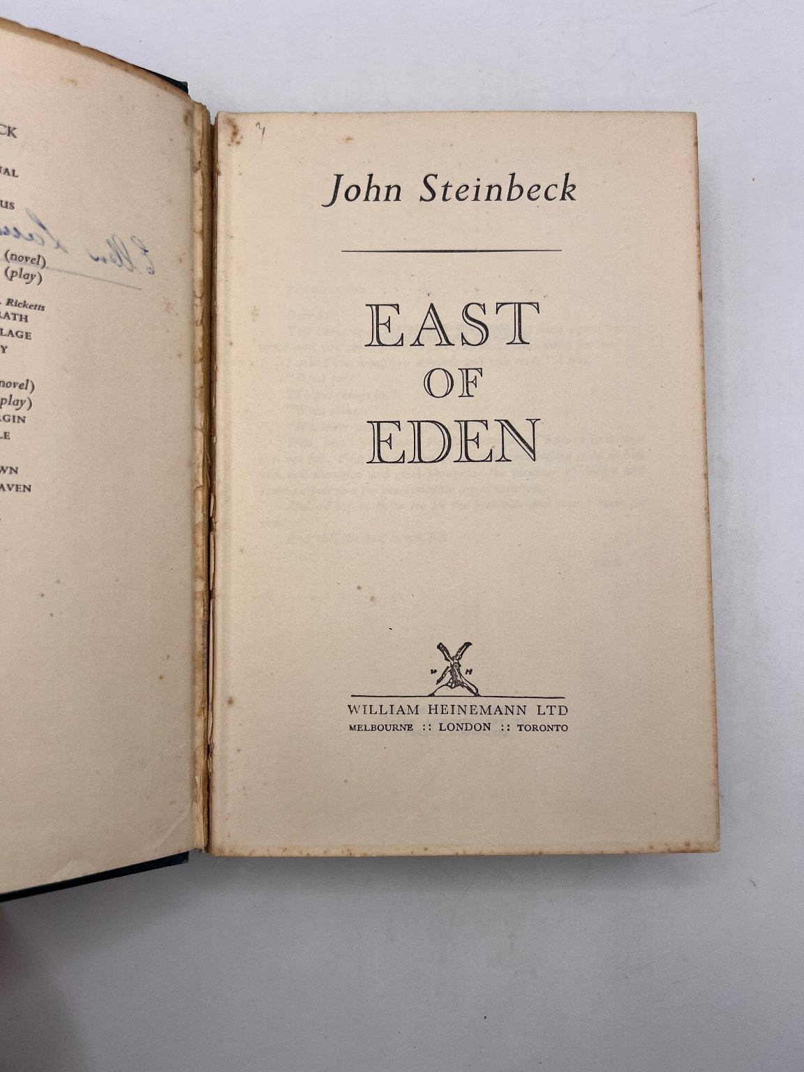 Rare John Steinbeck East of Eden Book William Heinemann Ltd Hardcover Classic