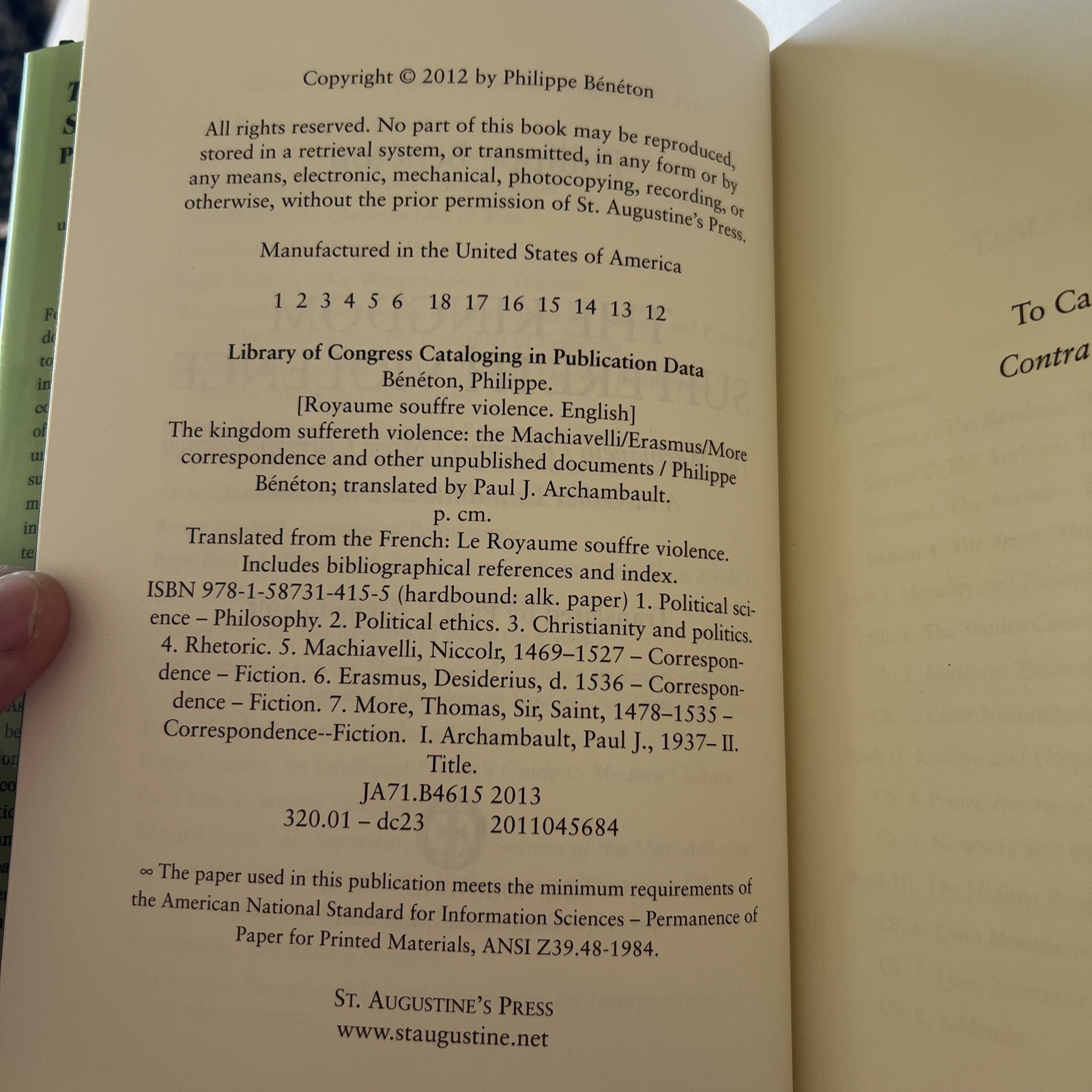 Kingdom Suffereth Violence : The Machiavelli / Erasmus / More Philippe Beneton