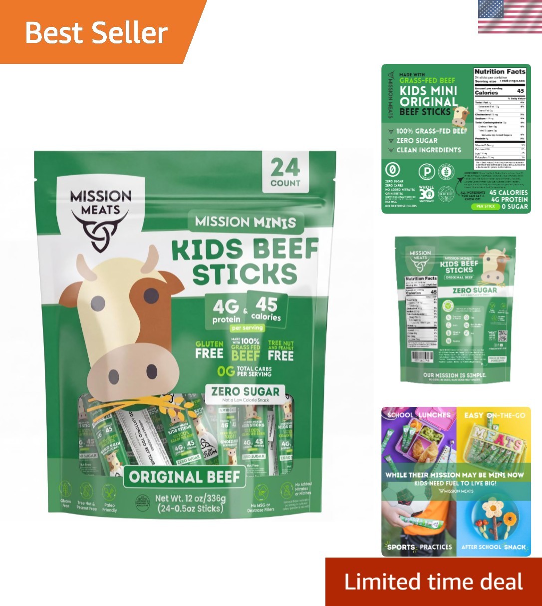Nutritious Kids Beef Sticks – 24ct Grass Fed, No Added Sugar, Allergen Friendly