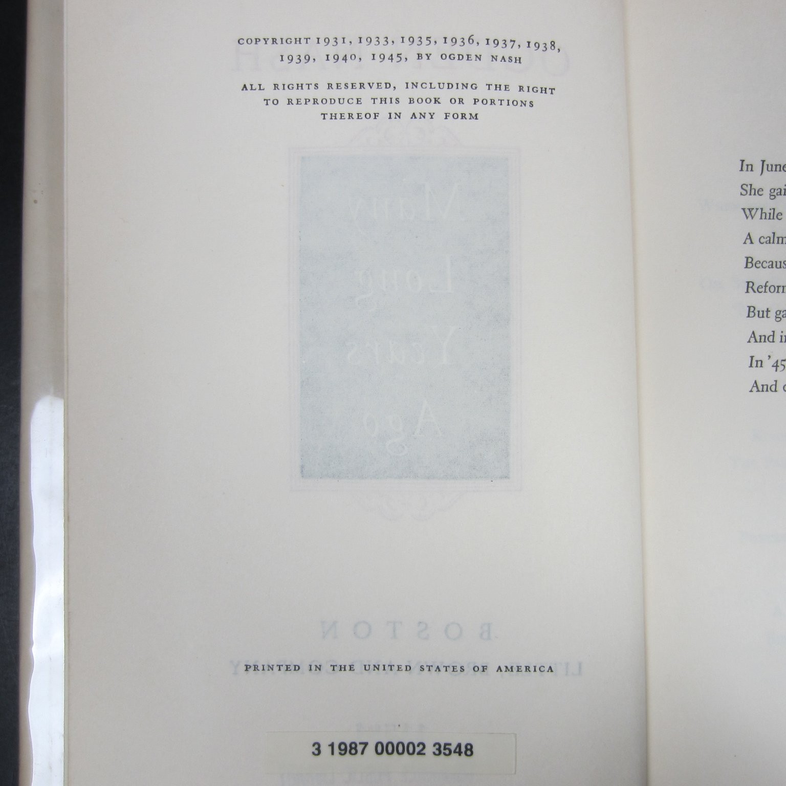 Many Long Years Ago Ogden Nash 1945 Fourth Printing Poetry Humorous Little Brown