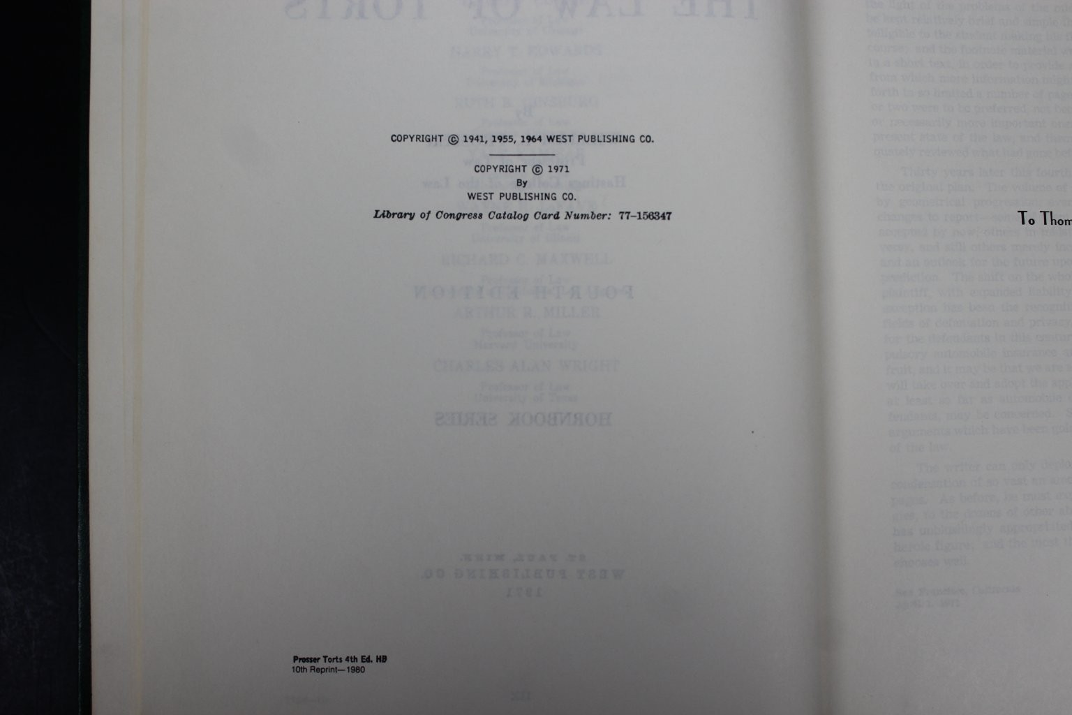 Law of Torts William L. Prosser 1980 4th Ed. Hornbook Series West Publishing