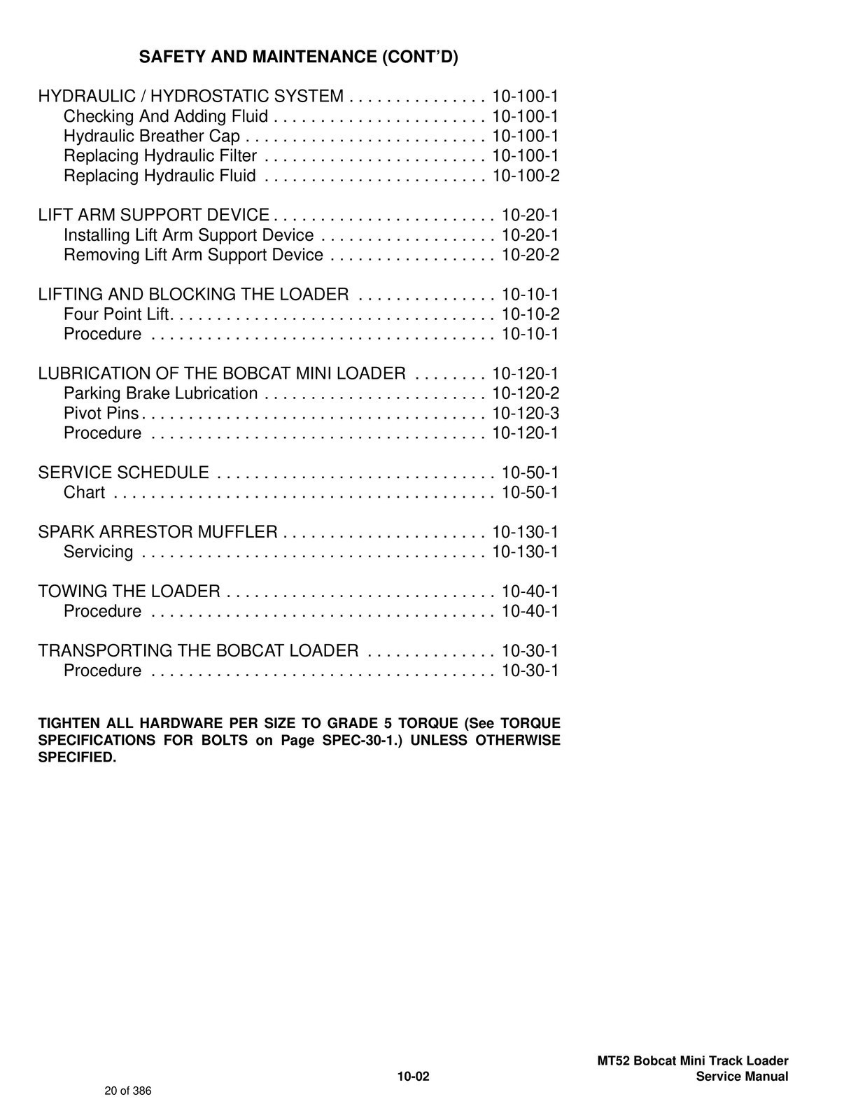 BOBCAT MT52 Mini Track Loader Service Manual SN 523611001 Up 2006, FOLDOUTS