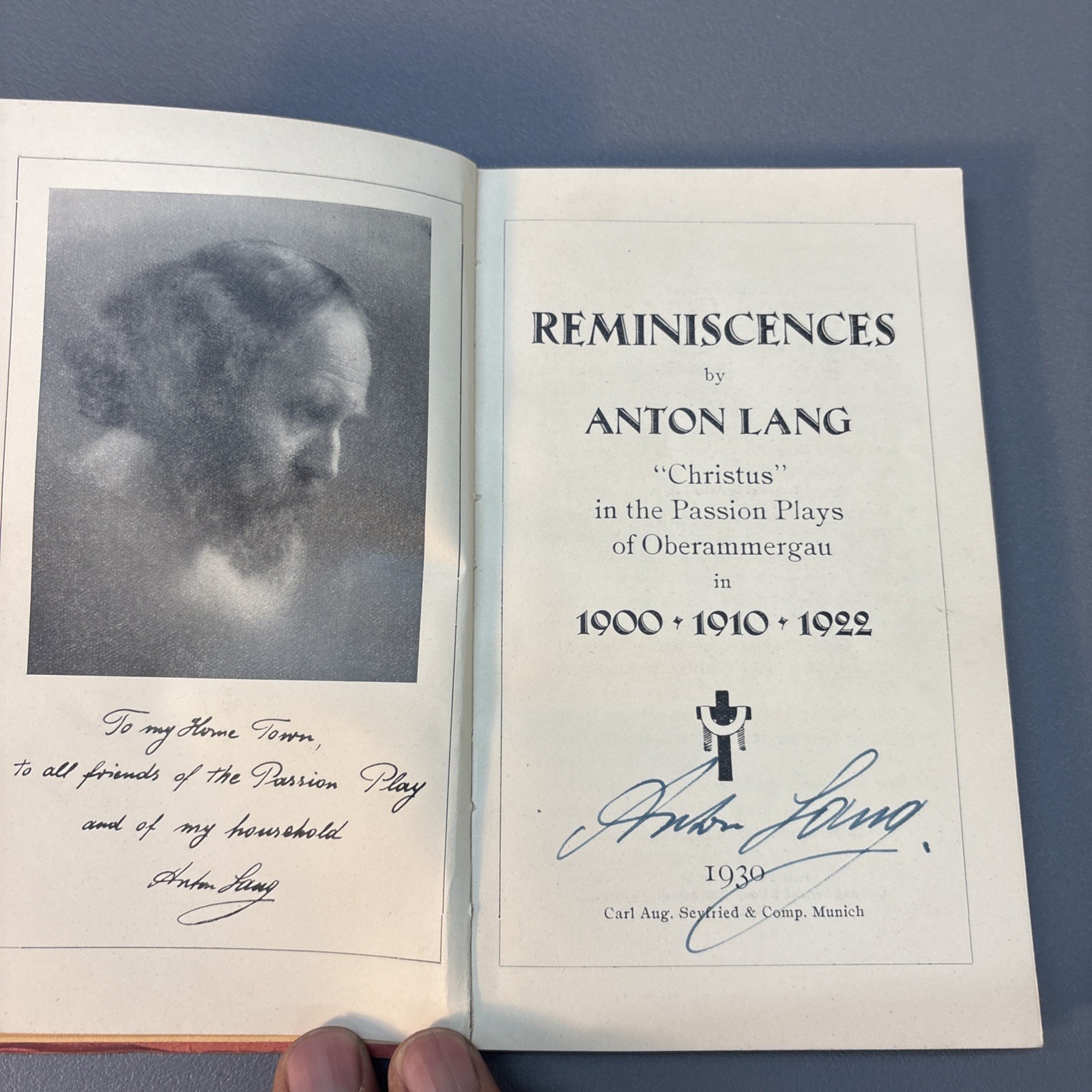 Anton Lang. Signed memoir: Reminiscences. He played Christ in Passion Plays 1930