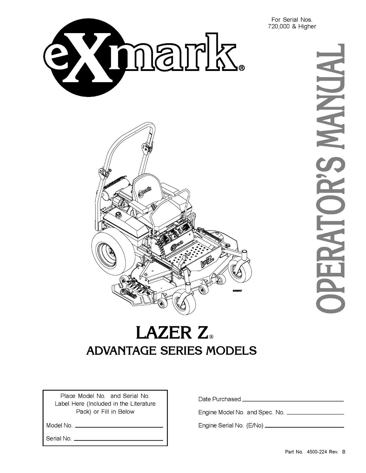 eXmark Lazer Z AS Operators Manual & Schematics LAS28KA524 For SN: 720,000 +