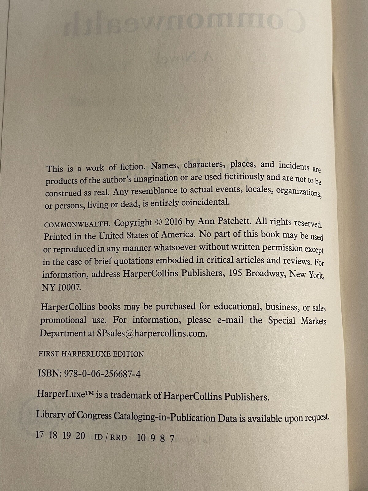 Commonwealth A Novel by Ann Patchett 2017