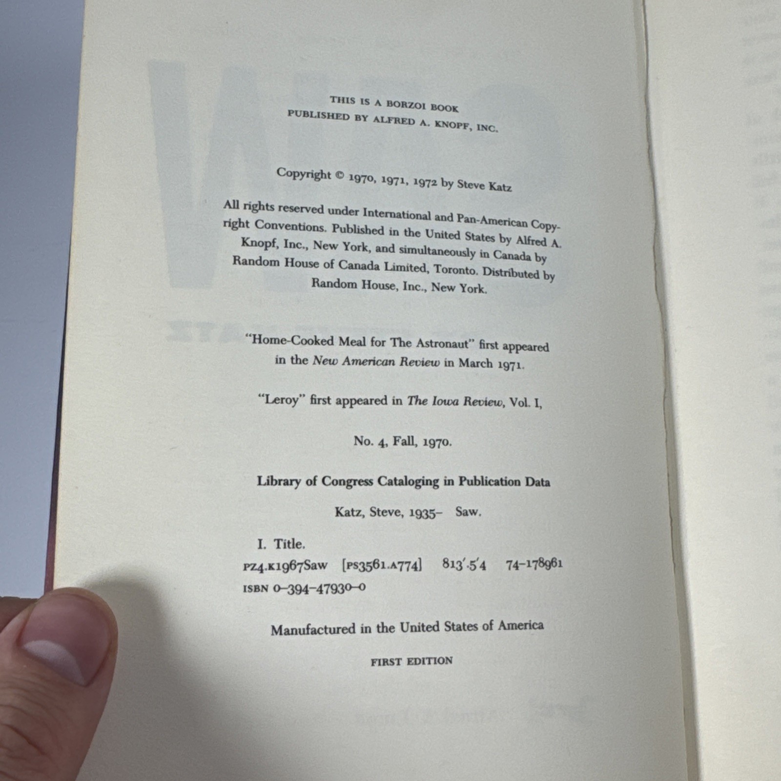 Saw By Steve Katz Hardcover First Edition 1972 Borzoi Book USA SCI Fi
