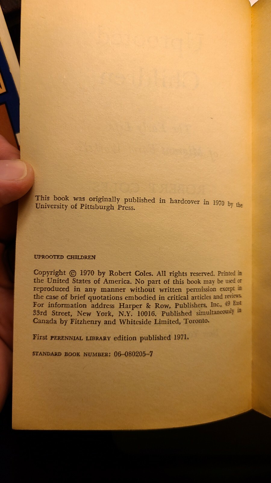 Uprooted Children By Robert Coles Perennial Edition 1971