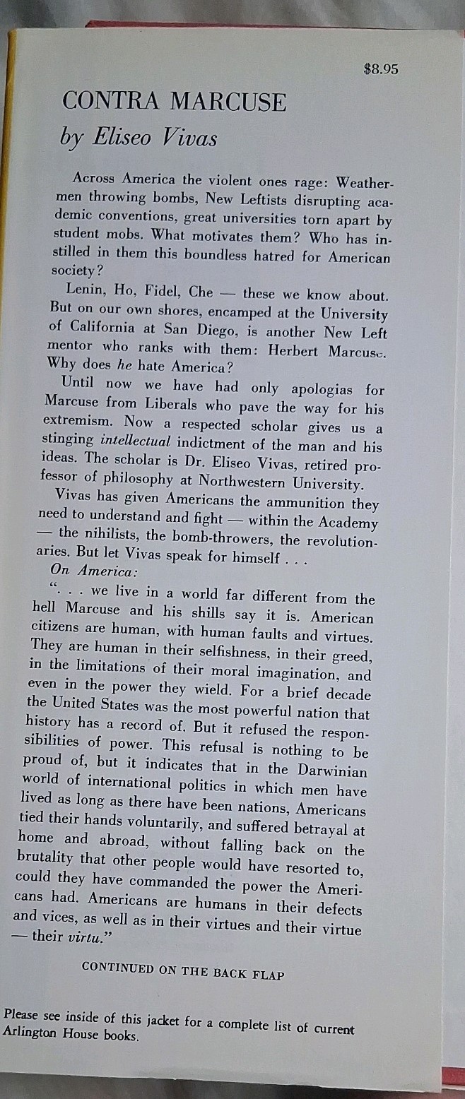 CONTRA MARCUSE By Eliseo Vivas Hardcover/DJ 1971 Arlington House