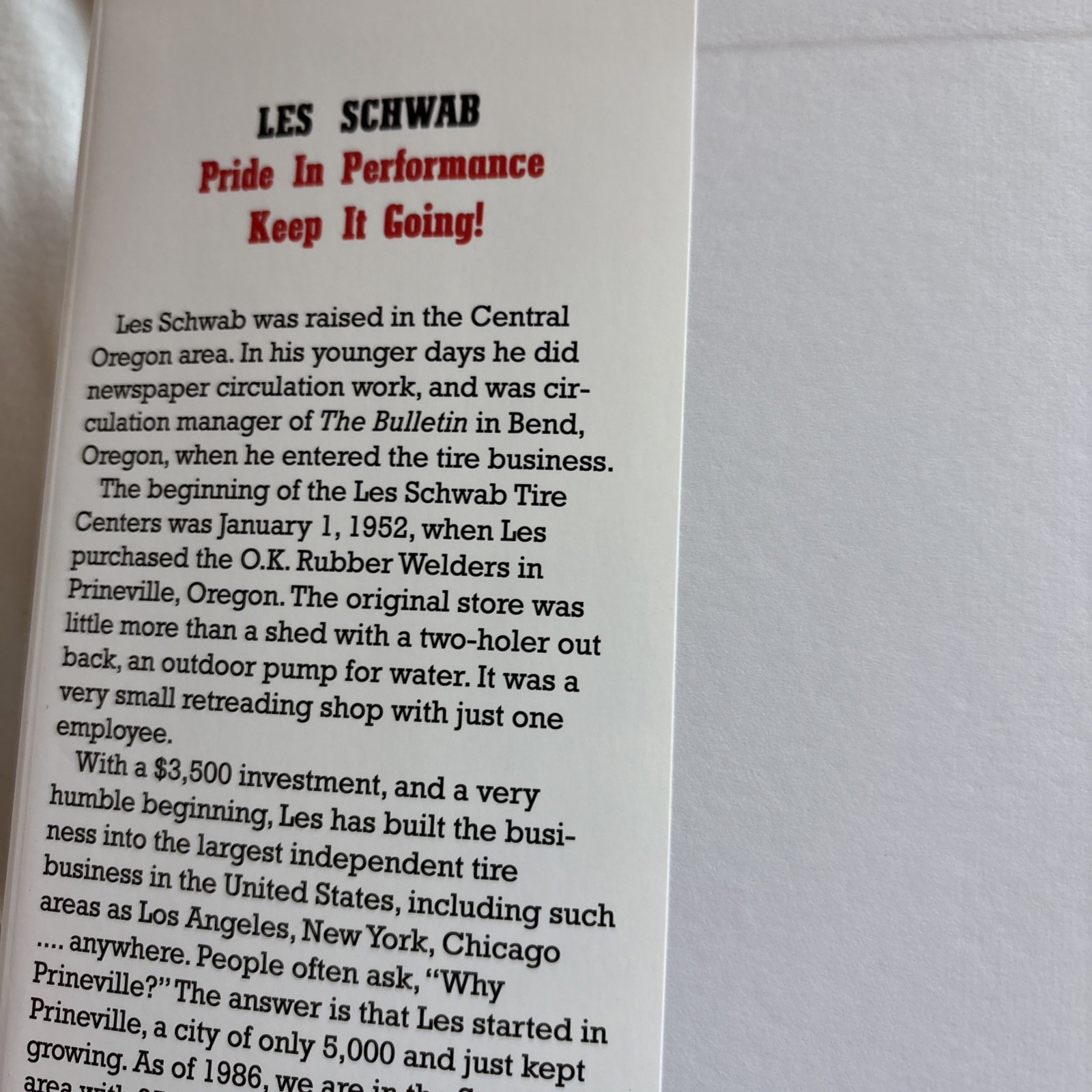 SALE! FREE SHIPPING! Les Schwab Pride in Performance Keep It Going NEW Hardcover