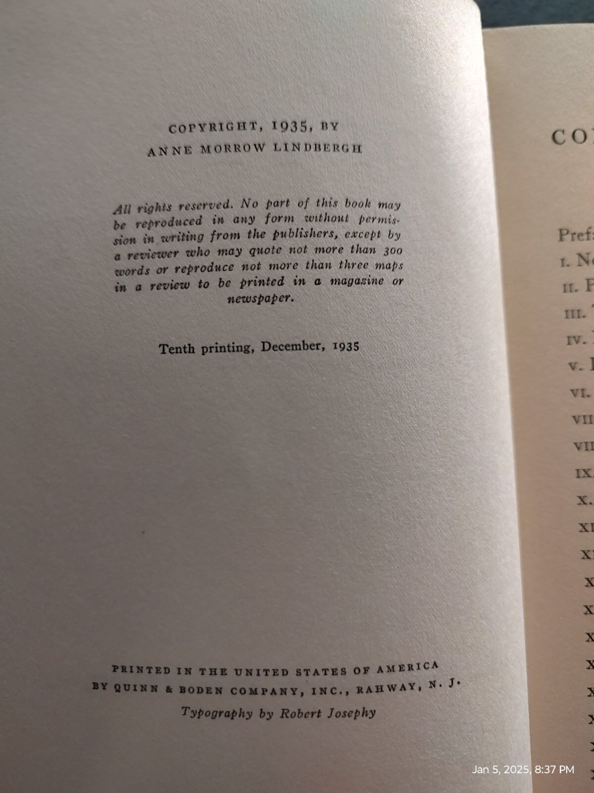North to the Orient, by Ann Morrow Lindbergh, 255 pages, © 1935, 10th Printing