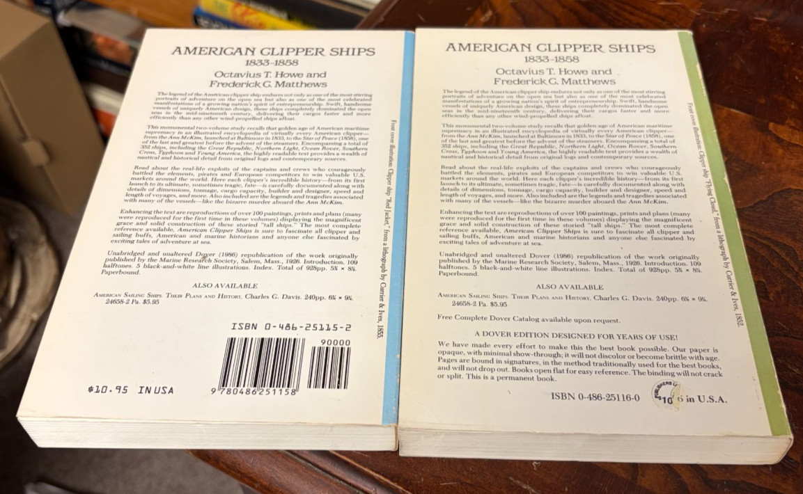 American Clipper Ships 1833-1858 2 Vols O. Howe F. Matthews Dover Softcover