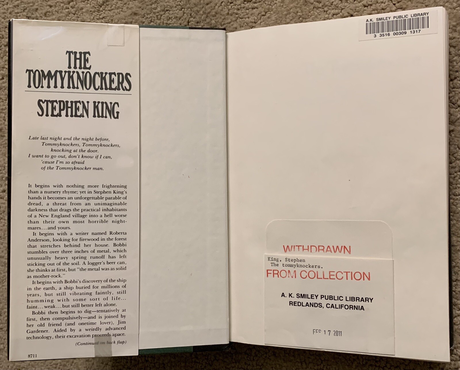 THE TOMMYKNOCKERS BY STEPHEN KING 1987 PUTNAM BOMC HCDJ FORMER LIBRARY BOOK