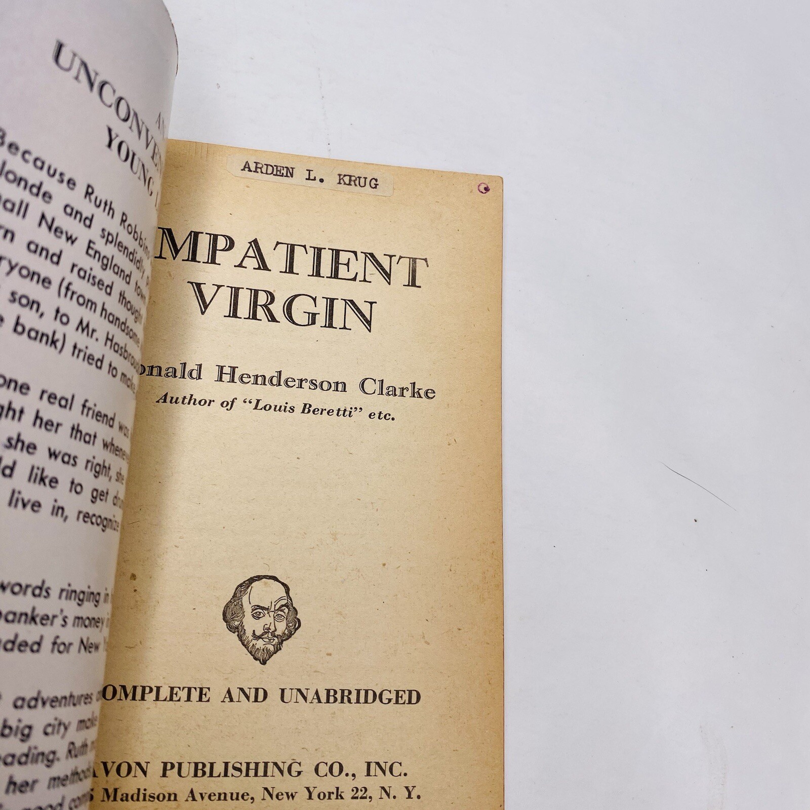 Donald Henderson Clarke Impatient Virgin 1931 Avon Vintage Pulp Sleaze Complete