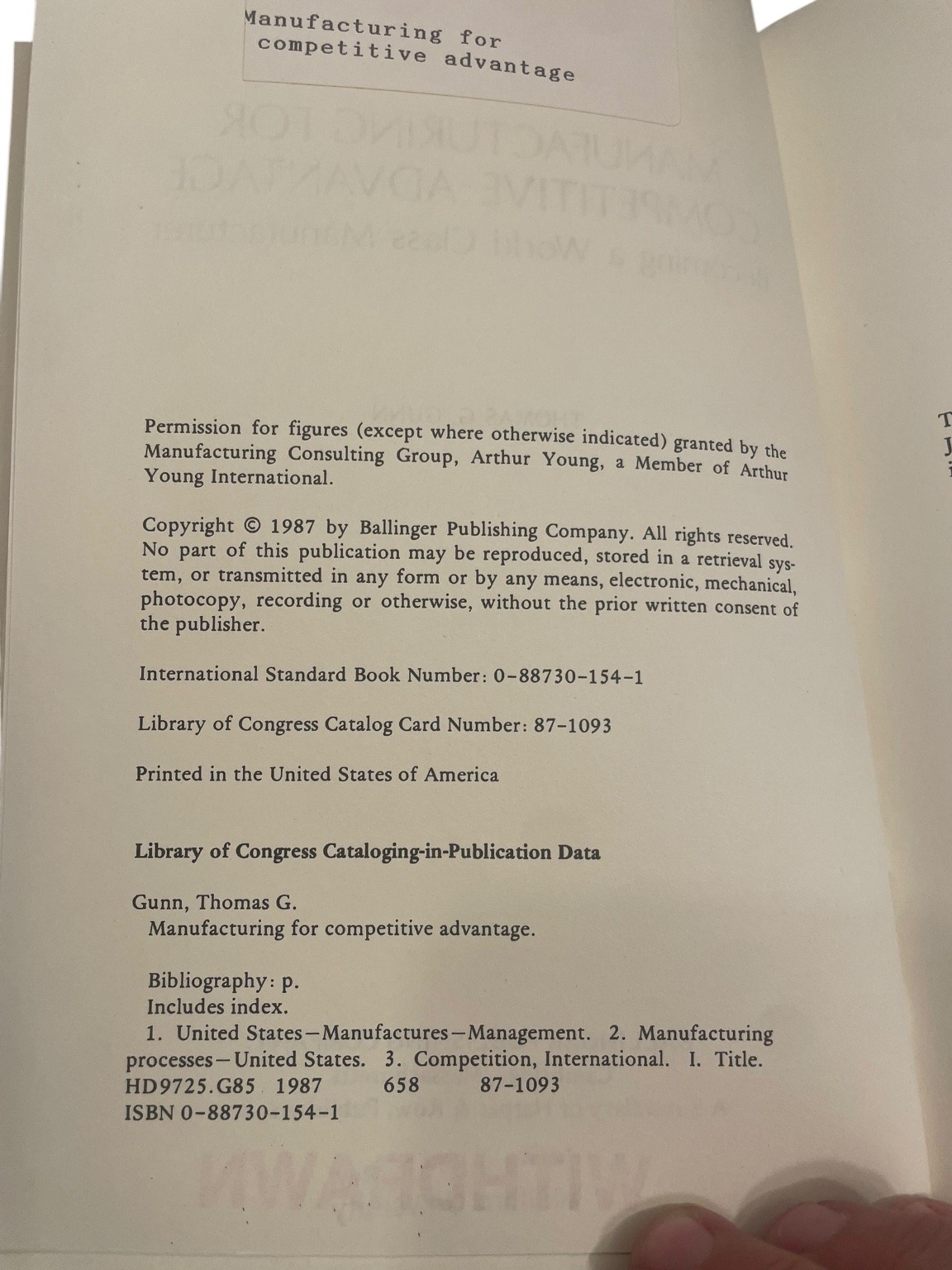 Manufacturing for Competitive Advantage Thomas G. Gunn 1987 Ballinger