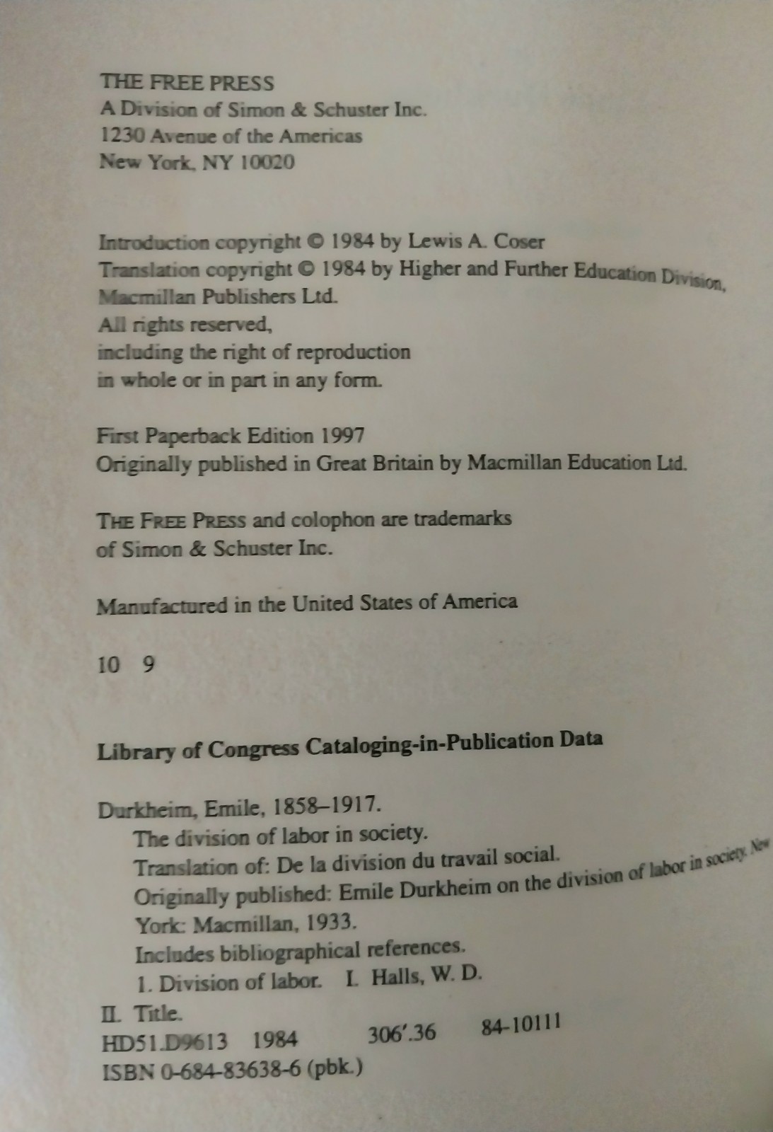 Emile Durkheim – The Division of Labour in Society – The Free Press 9th Printing