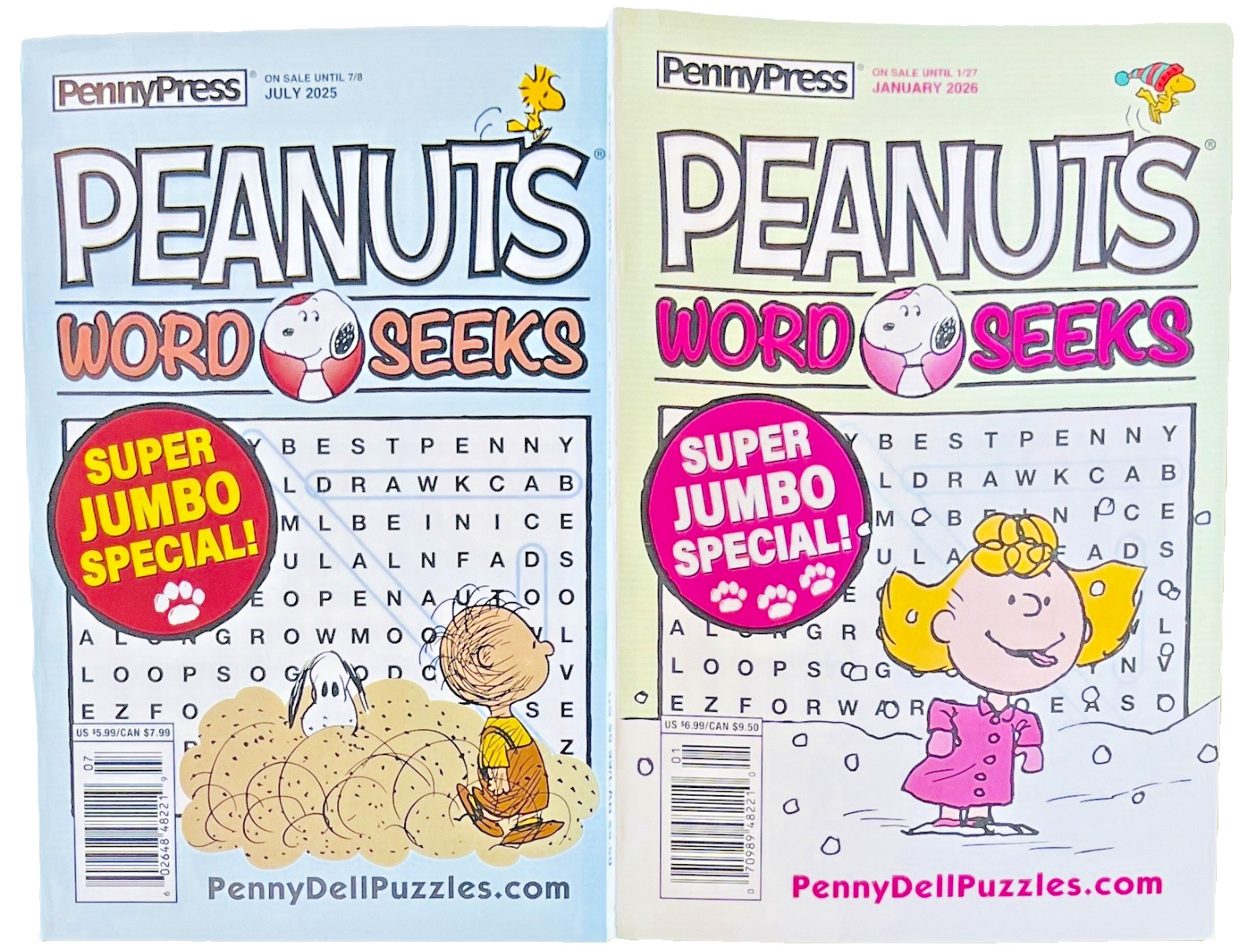 2 Penny Press PEANUTS Charlie Brown Word Seek Search Puzzle Books July 25 Jan 26