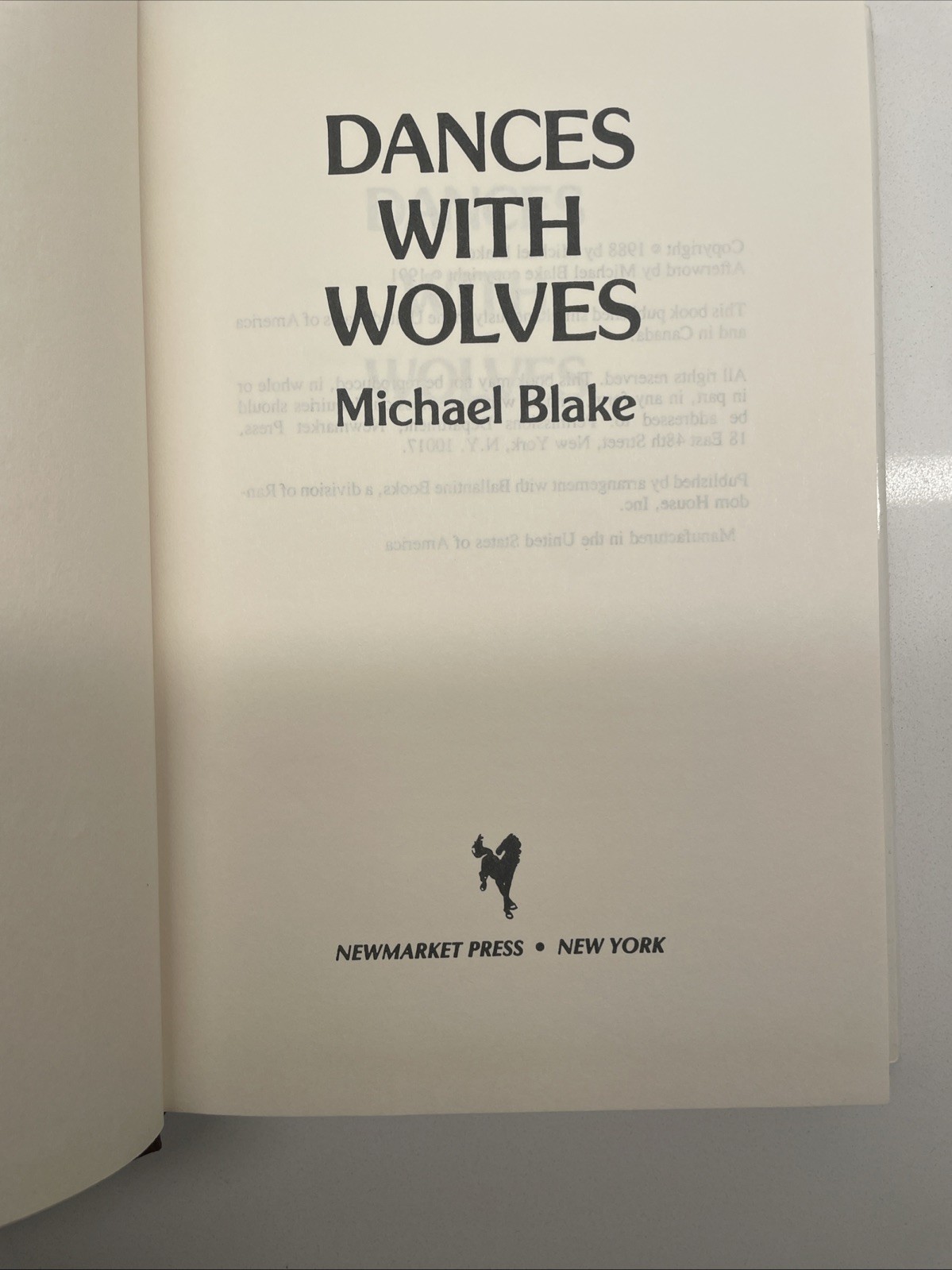 Dances with Wolves by Michael Blake; Book Club Edition, 1991, VG+ / VG