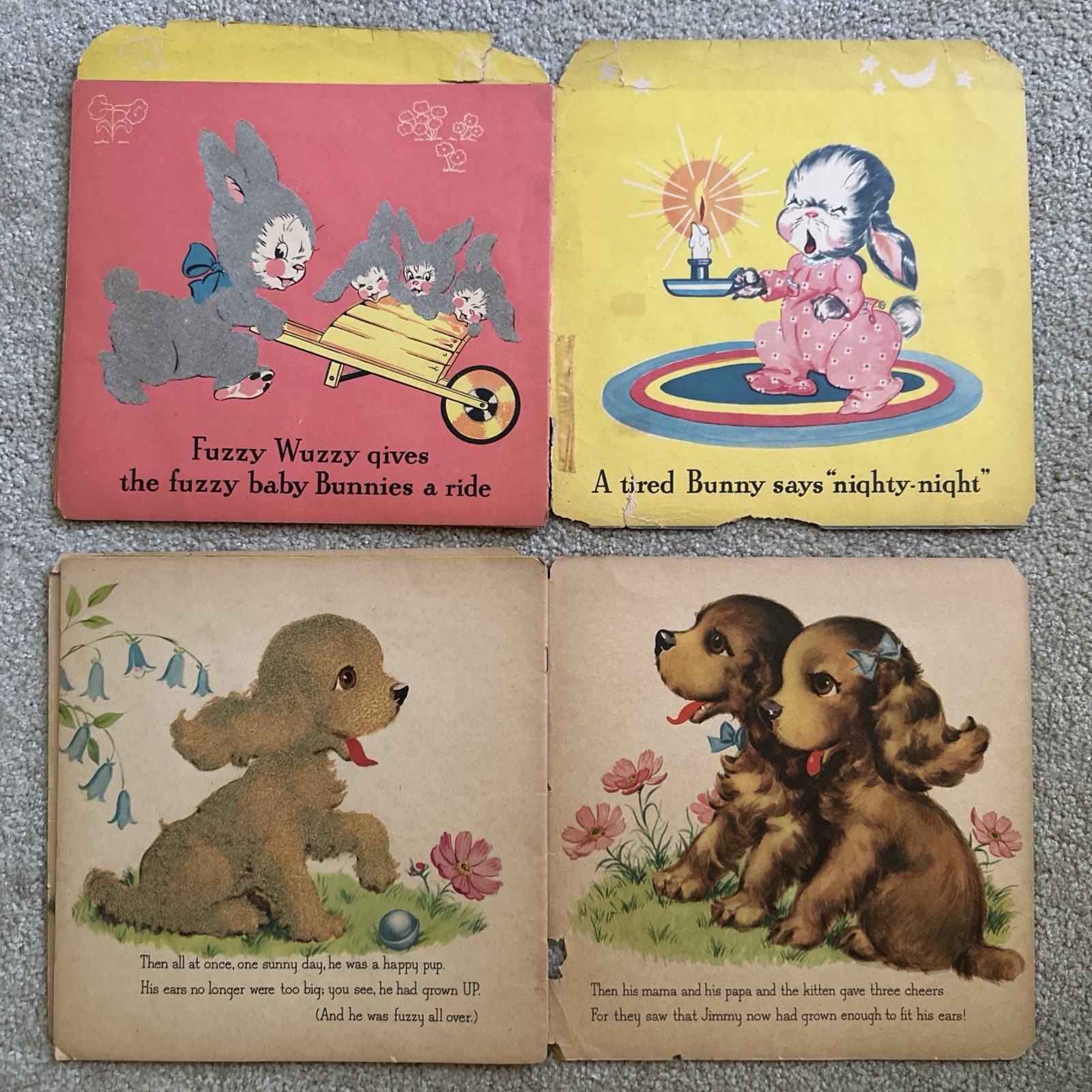 6 Vtg 1940’s Children’s Books Fuzzy Wuzzy series Bunny Puppy Kitten Pony Duck