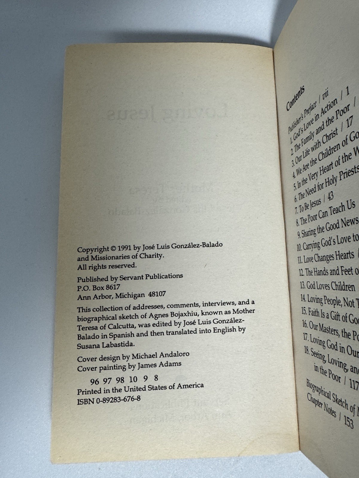 Mother Teresa Loving Jesus 1991 Servant Publications Religious Christian Book