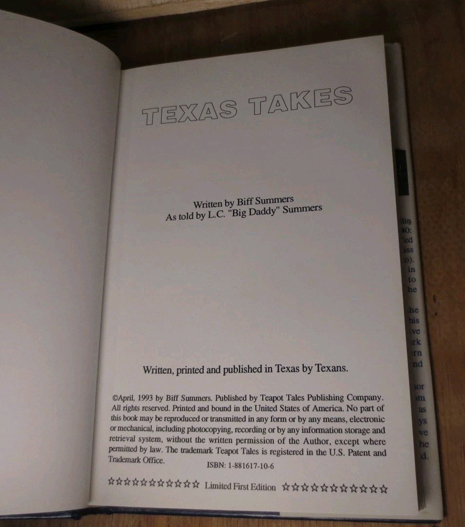 TEXAS TAKES BY L. C. “Big Daddy” SUMMERS – SIGNED FIRST EDITION HARDCOVER 1993