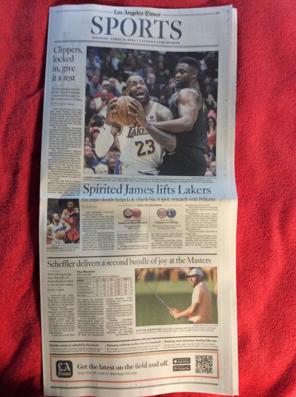 LA TIMES SPORTS SECTION APRIL 15 2024 LEBRON JAMES LAKERS ZION WILLIAMSON