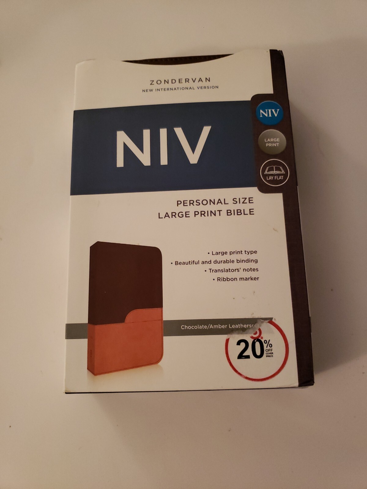 NIV Holy Bible Large Print Chocolate / Amber Duo Tone Brown Leather Cover Church