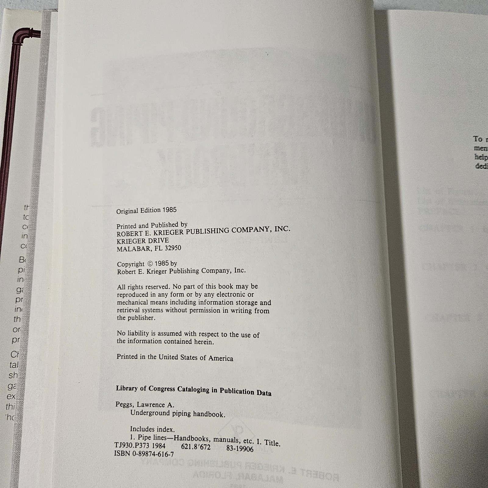 Underground Piping Handbook, Lawrence Peggs, 1985, 1st Edition, HC,