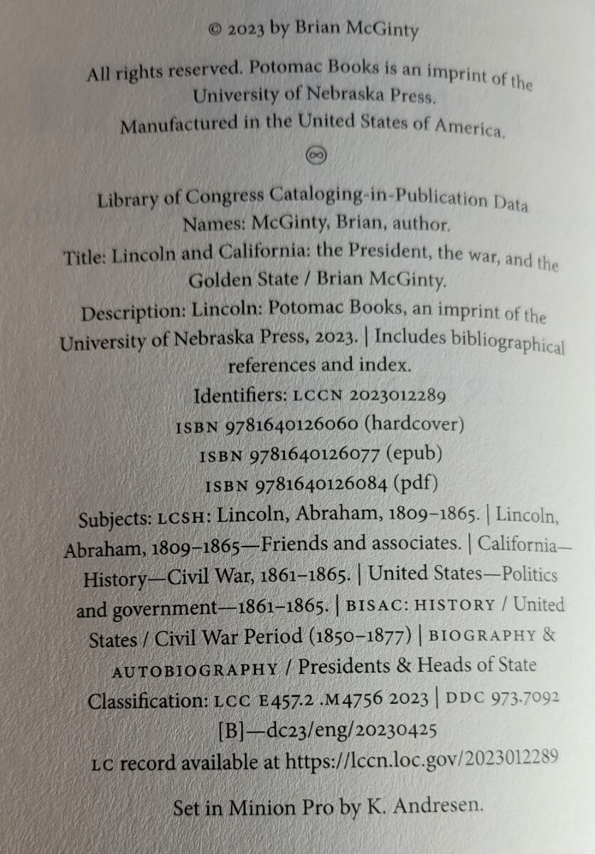 2023 Lincoln and California Brian McGinty HB in Jacket 1st Edition Potomac Books