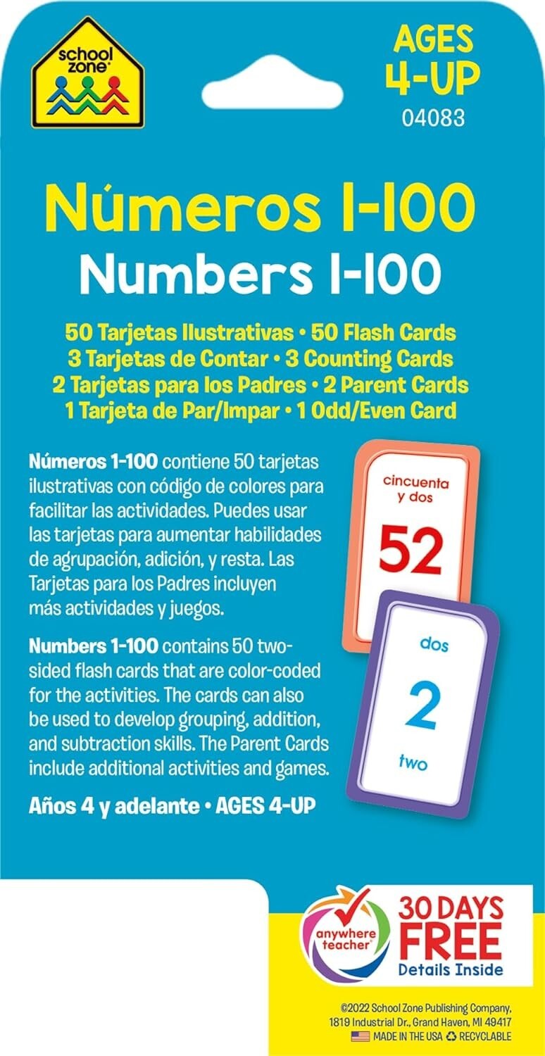 School Zone – Bilingual Numbers 1-100 Flash Cards – Ages 4+, Preschool to…