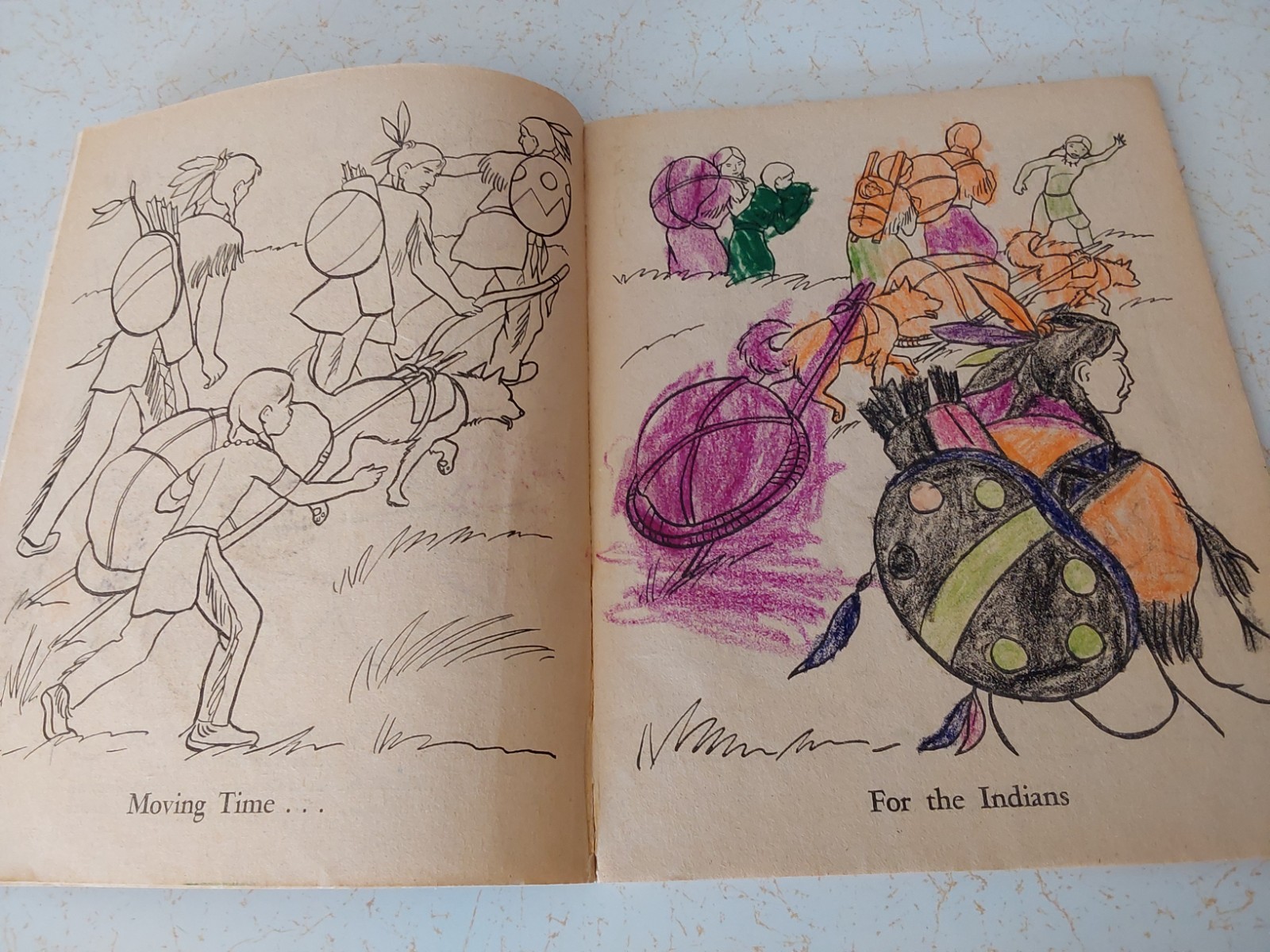 1958 “All About Indians” COLORING BOOK by Whitman (some pages colored)
