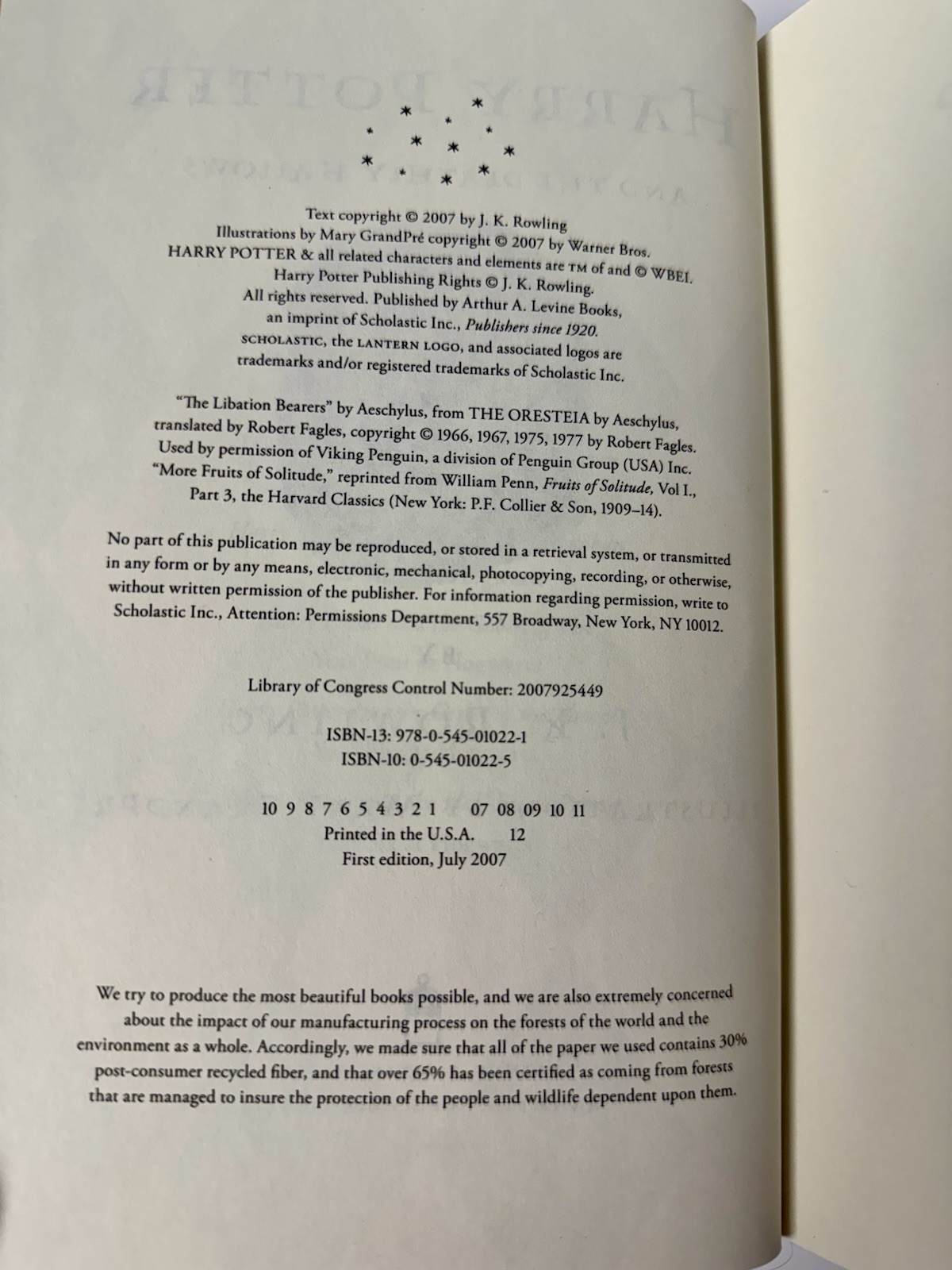 Harry Potter and the Deathly Hallows 1st US Print *759 Pg Error* Hardcover – VGC