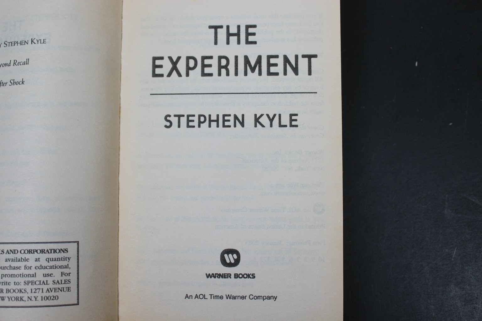 The Experiment Stephen Kyle 2003 First Printing Thriller Warner Books PB