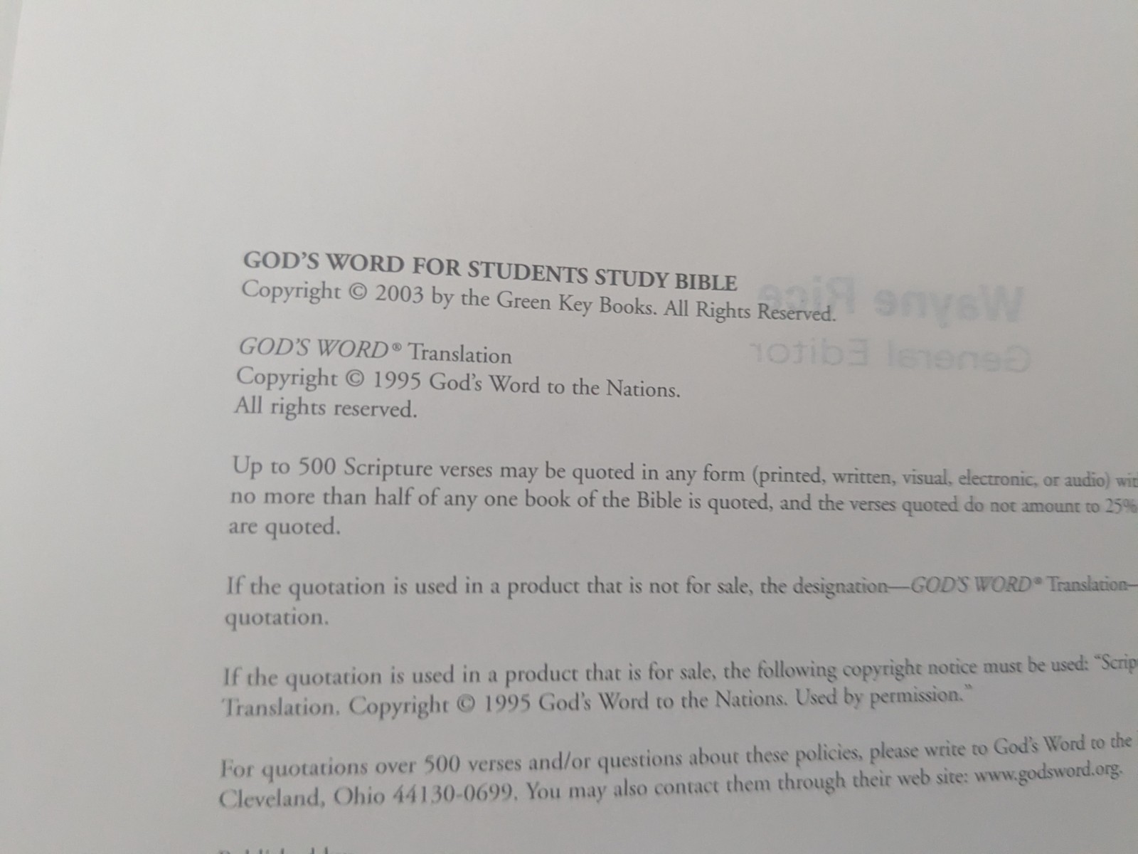 God’s Word For Students Study Bible 2003 Hardcover Wayne Rice Ed. Clean No Marks