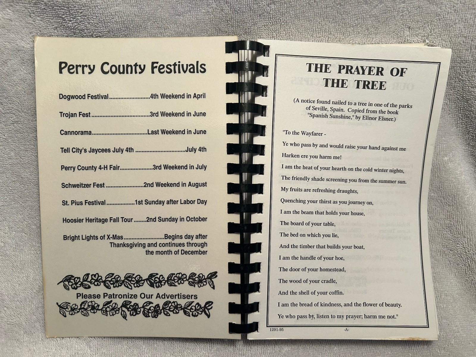 Vtg. Cookbook A Taste Of Perry County IN 212 Pages Of Recipes With Index