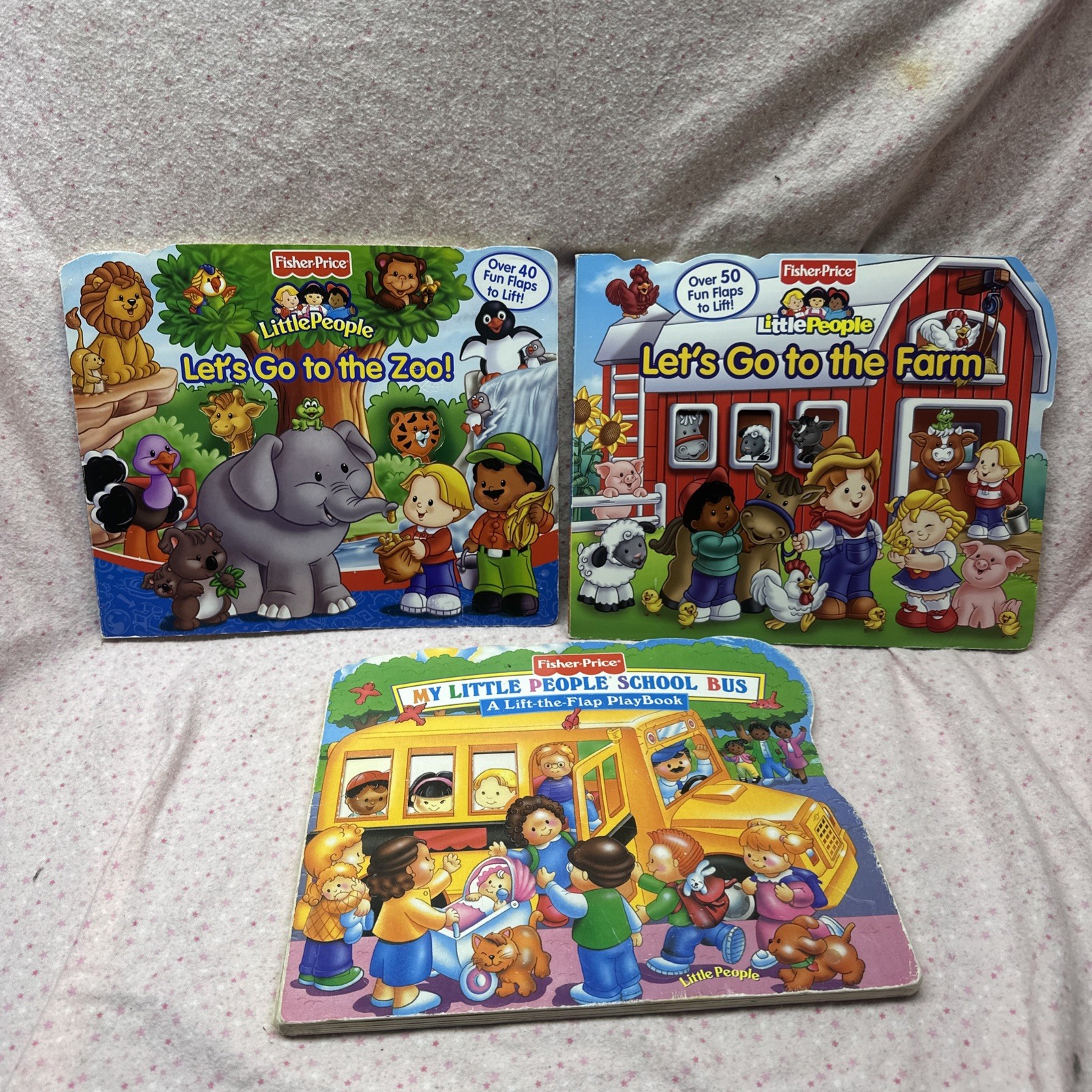 Three 3 Fisher Price Little People Lift the Flap Books Zoo Farm School Bus