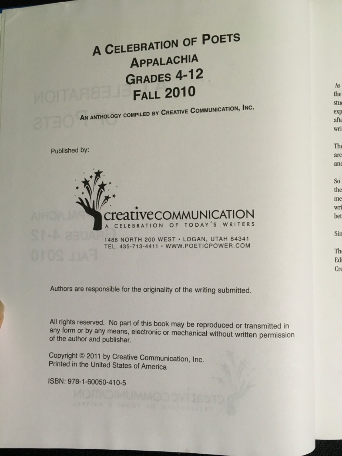 A CELEBRATION OF POETS Appalachia Grades 4-12 Creative Communication Textbook HC