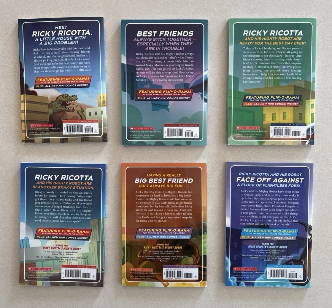 Lot of 6 Ricky Ricotta’s Mighty Robot PBs, Books 1 4 5 6 7 9 by Dav Pilkey