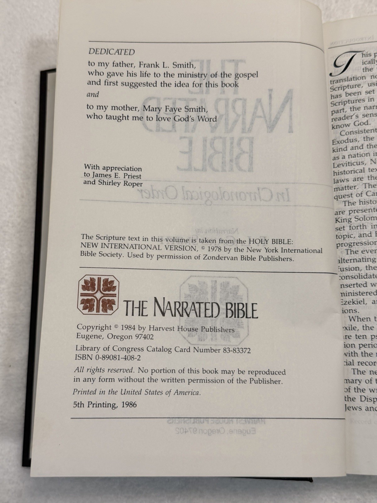 Narrated Bible in Chronological Order by F. LaGard Smith copy write 1984 HC